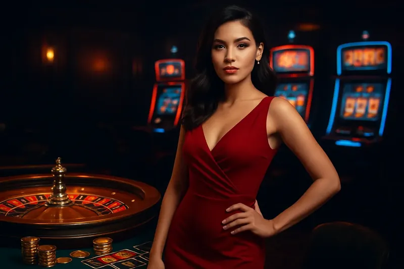 Elegant Casino Homepage Banner Beautiful woman in red dress posing confidently near roulette and slot machines in a premium Bangladesh casino with neon lights, gold coins, and poker chips