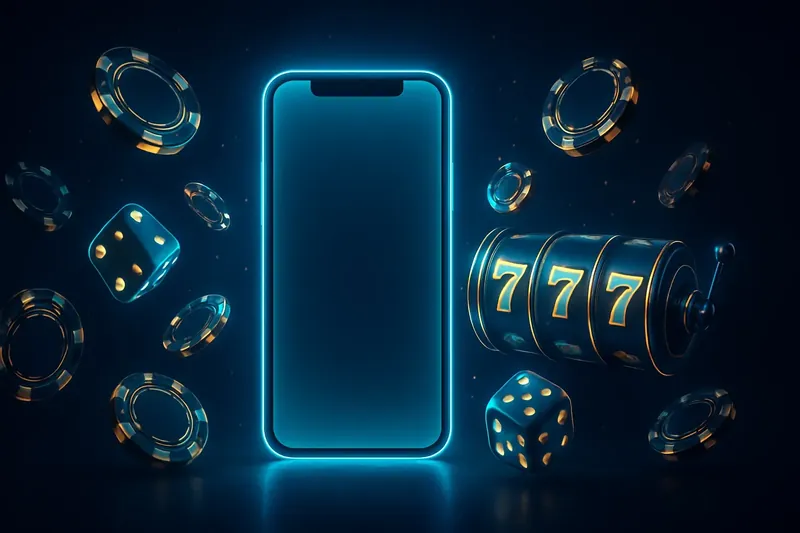 Luxury Casino Banner Glowing smartphone with floating casino chips, slot reels, and dice on dark gold background